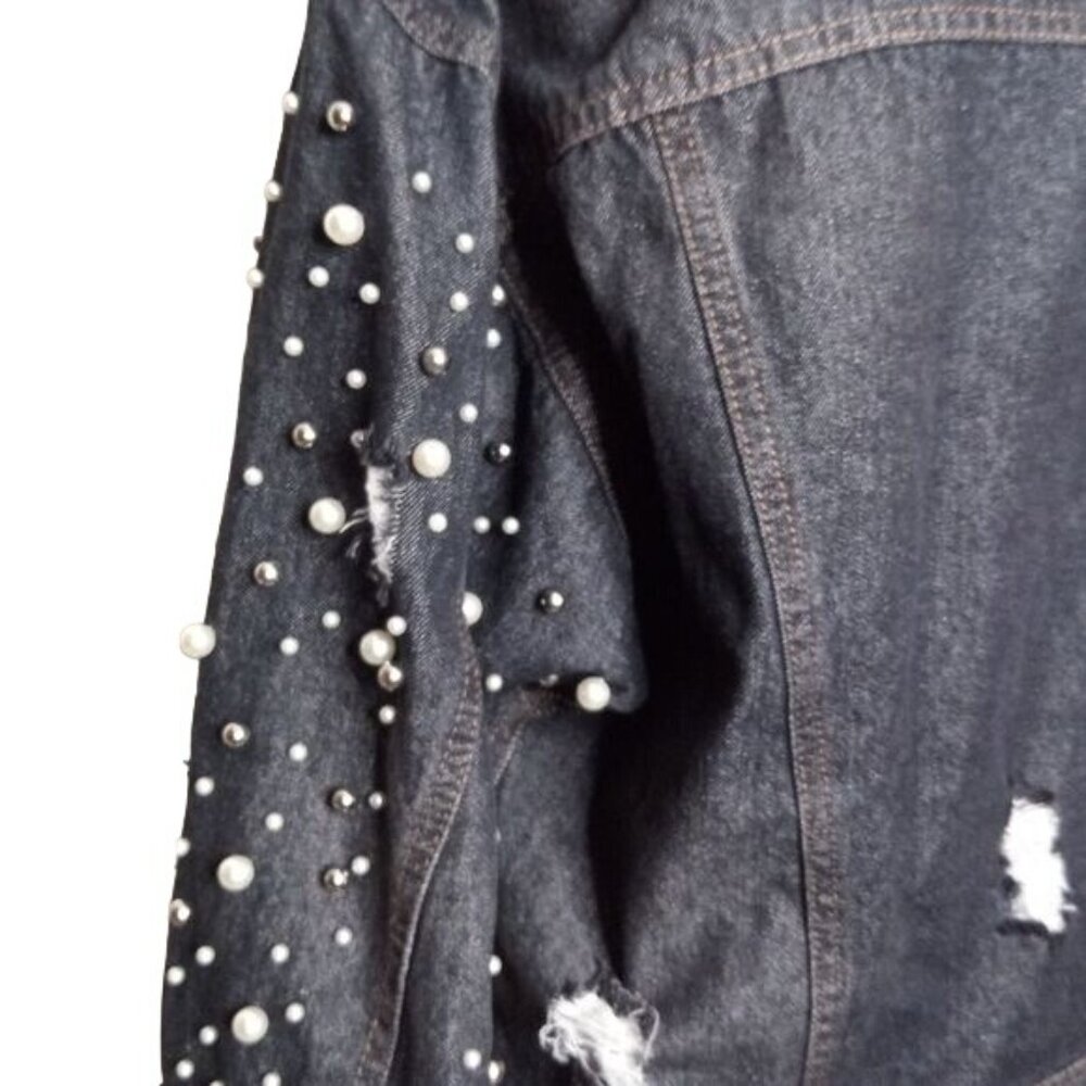 NWT Elan Distressed Denim w/ Pearl & Silver Beaded Black Jean Jacket M/L - Picture 6 of 9